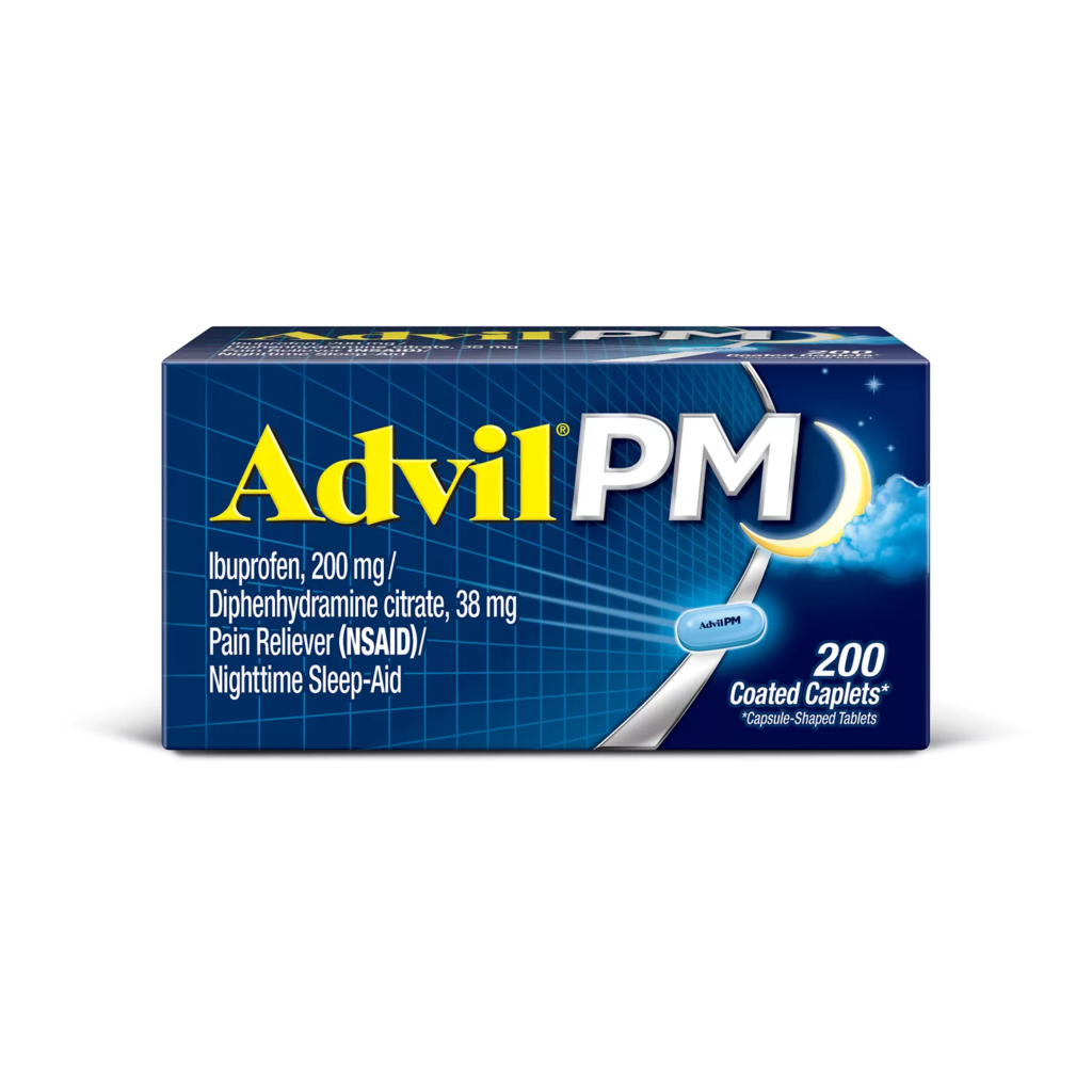 Advil PM 200 coated caplets bottle for nighttime pain reliever and sleep aid. Packaging front view