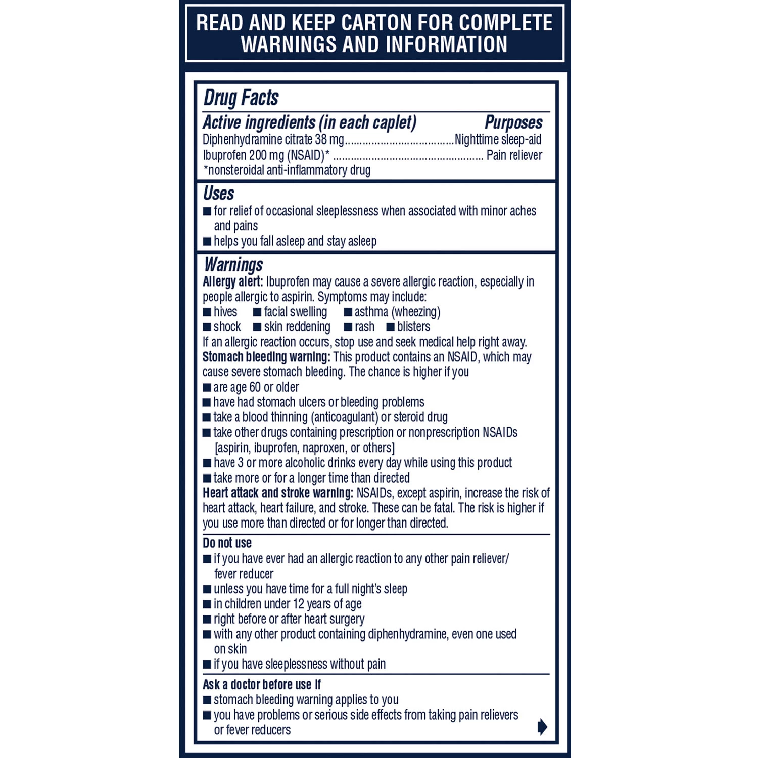 Advil PM ibuprofen and diphenhydramine tablets – pain relief for sleep. Drug facts