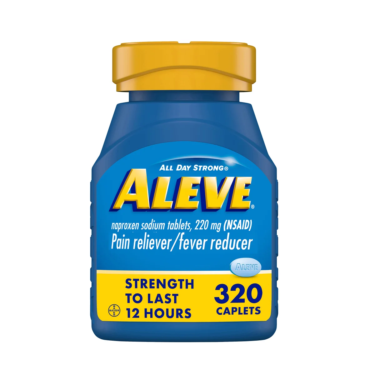 Aleve Naproxen Sodium 220 mg Pain Reliever & Fever Reducer – 320 Caplets Bottle - front view.