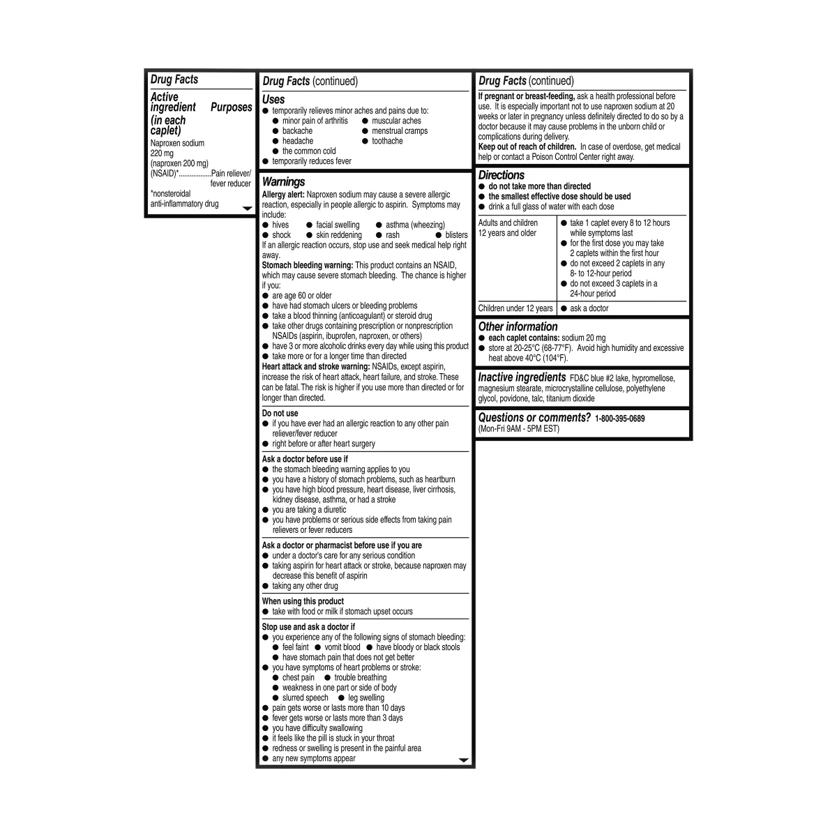Aleve Naproxen Sodium 220 mg Pain Reliever and Fever Reducer 320 Caplets – Drug Facts.