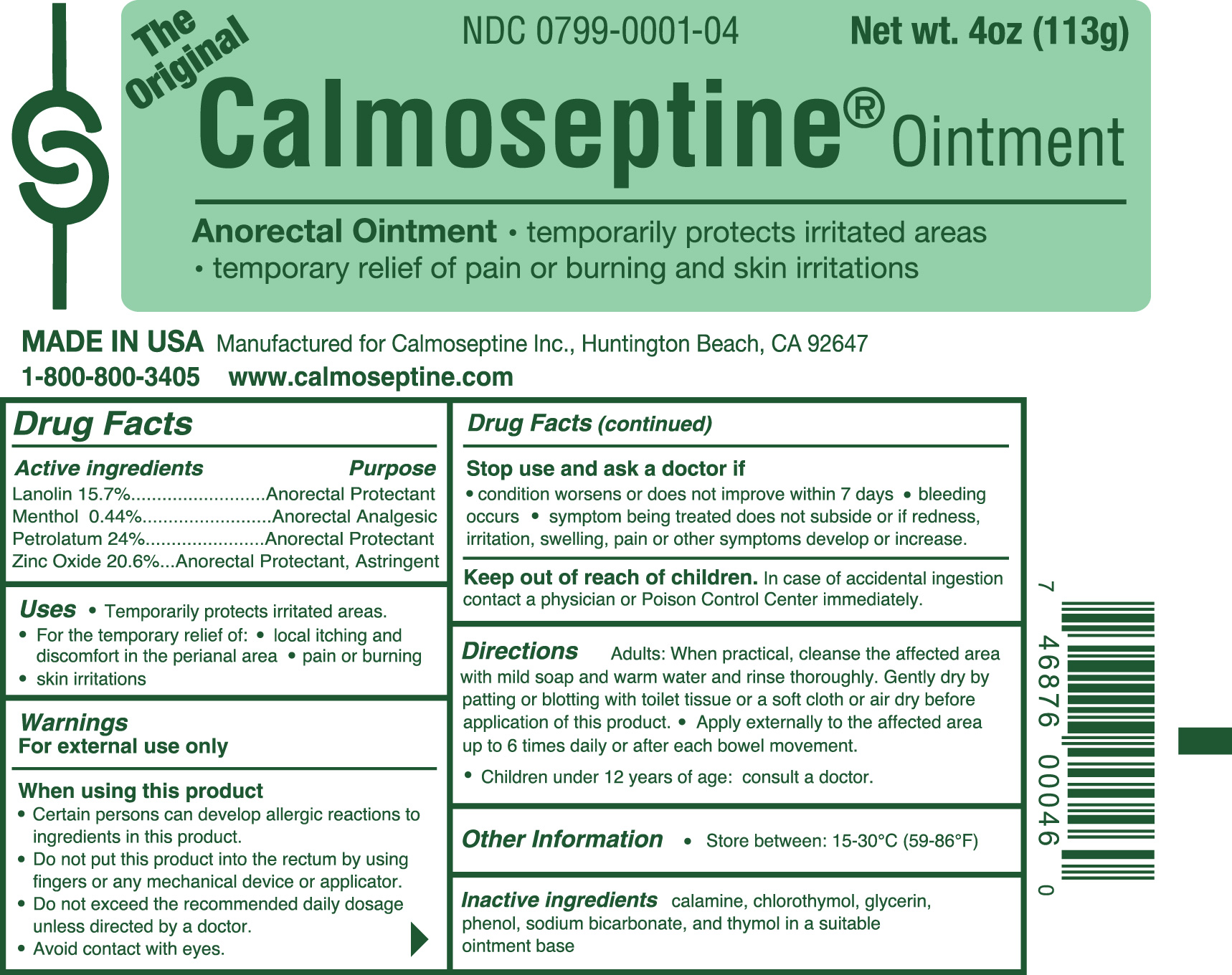 Calmoseptine skin protectant ointment packaging - Ingredients