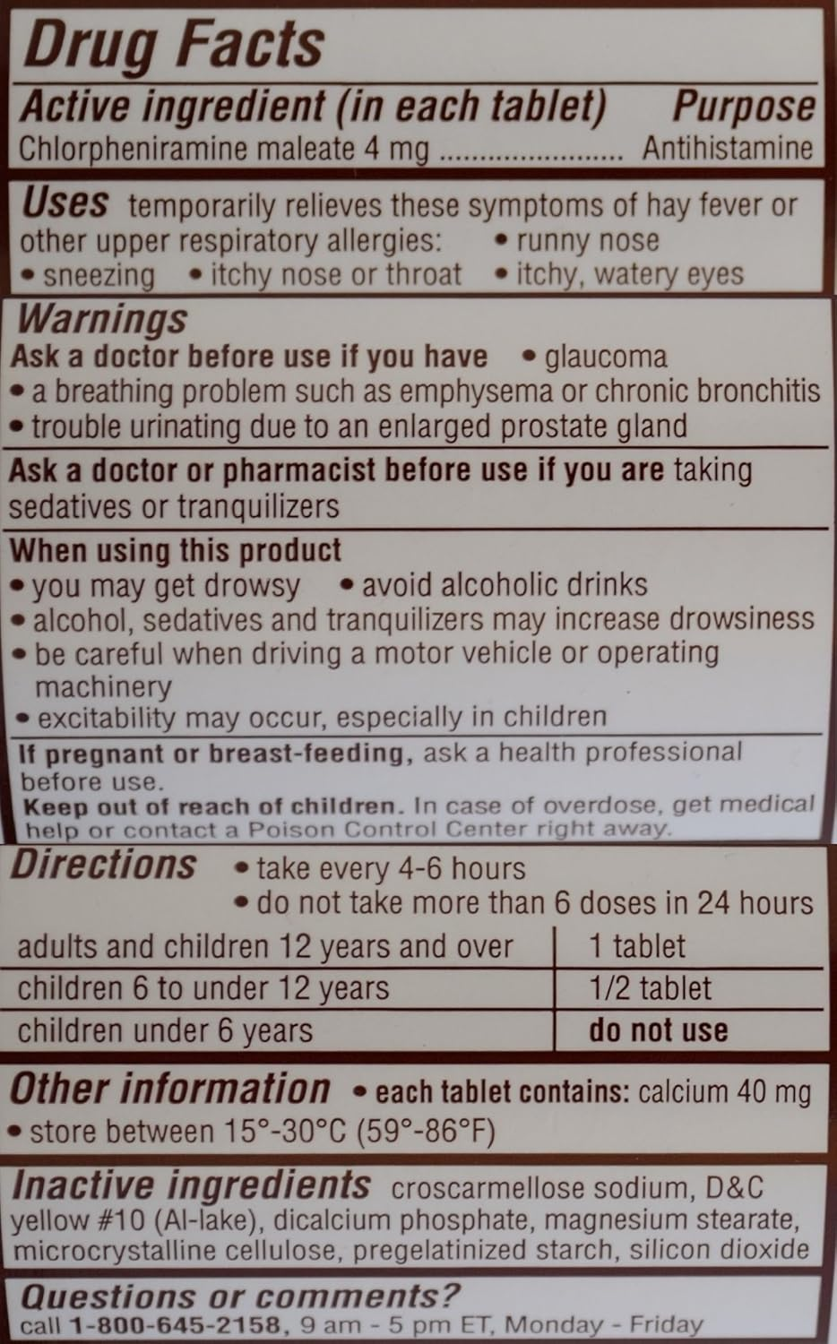 Antihistamine Tablets 4mg for Hay Fever, Cold Symptoms, Sneezing and Runny Nose Relief - Drug Facts.