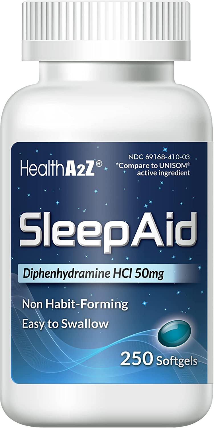 Buy HealthA2Z Sleep Aid - Diphenhydramine 50mg Sleep Aid 250 Softgels - OTC sleep medicine. Bottle - the front view.