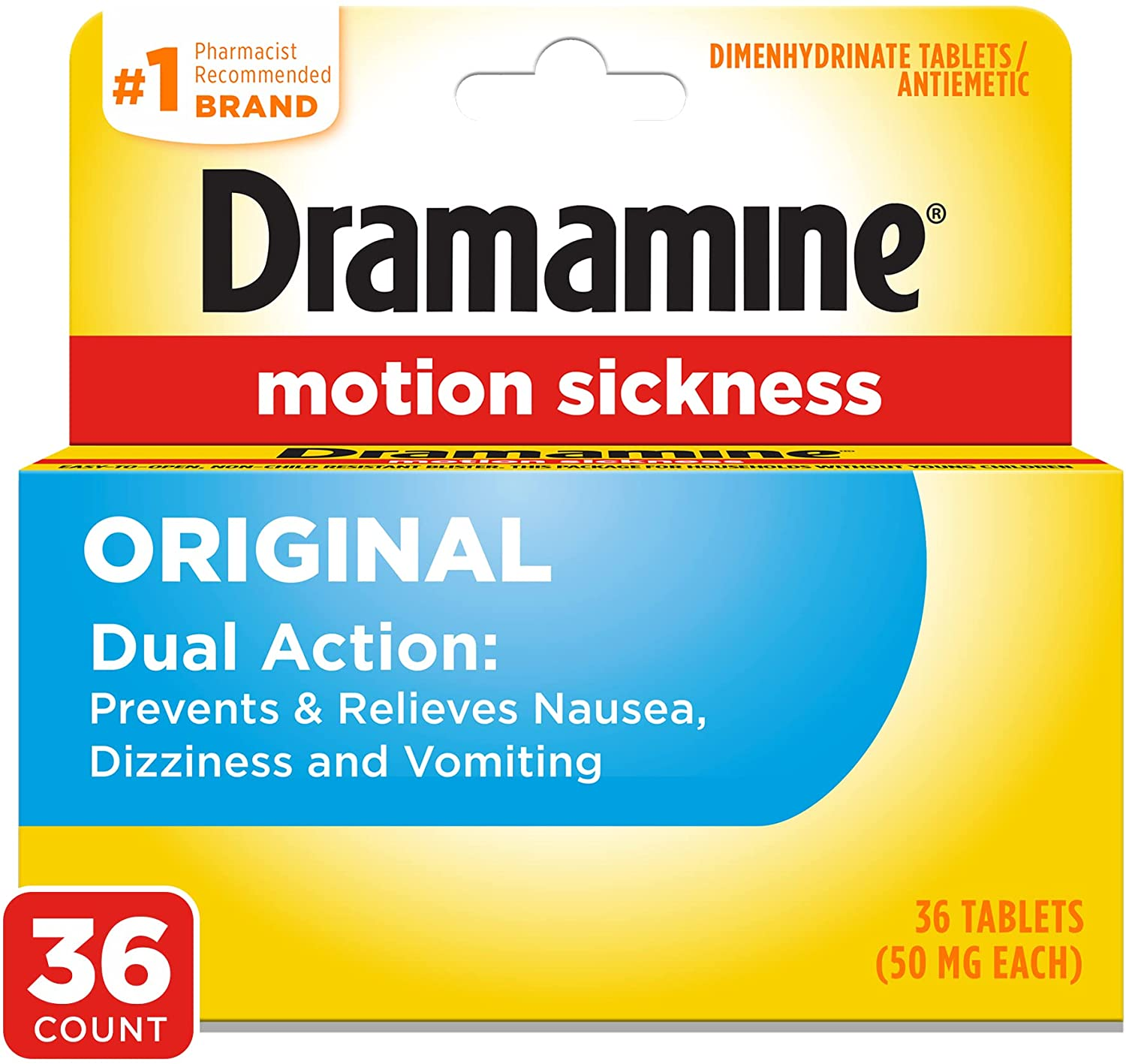 Dramamine Original Formula motion sickness relief tablets 36 tablets - packaging front view.