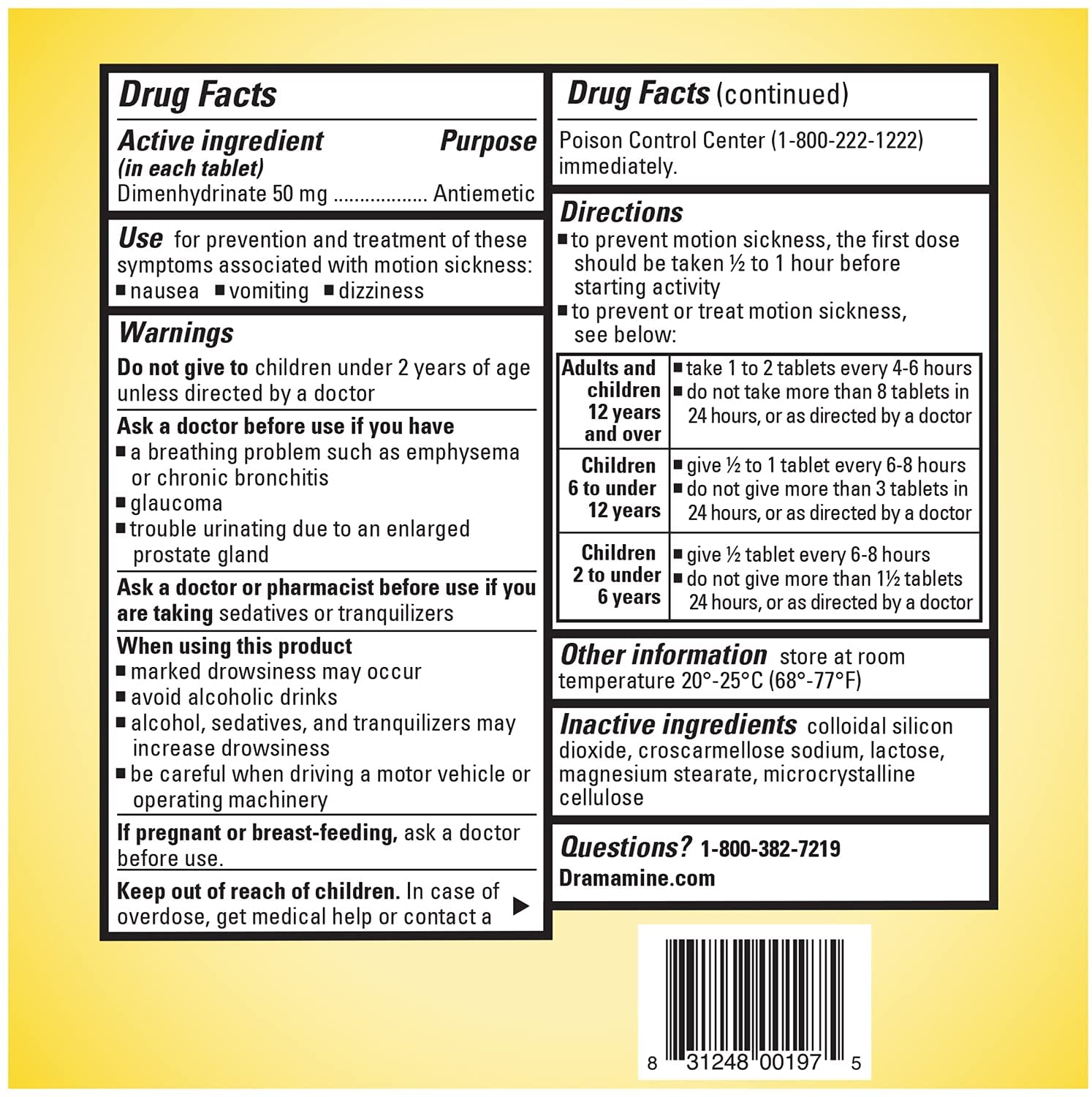 Motion sickness medicine Dramamine original 36 tablets - drug facts.