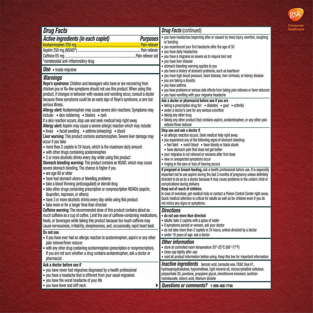 Excedrin Migraine 300 Caplets, Fast Acting Pain Relief Drug Facts – Active Ingredients.
