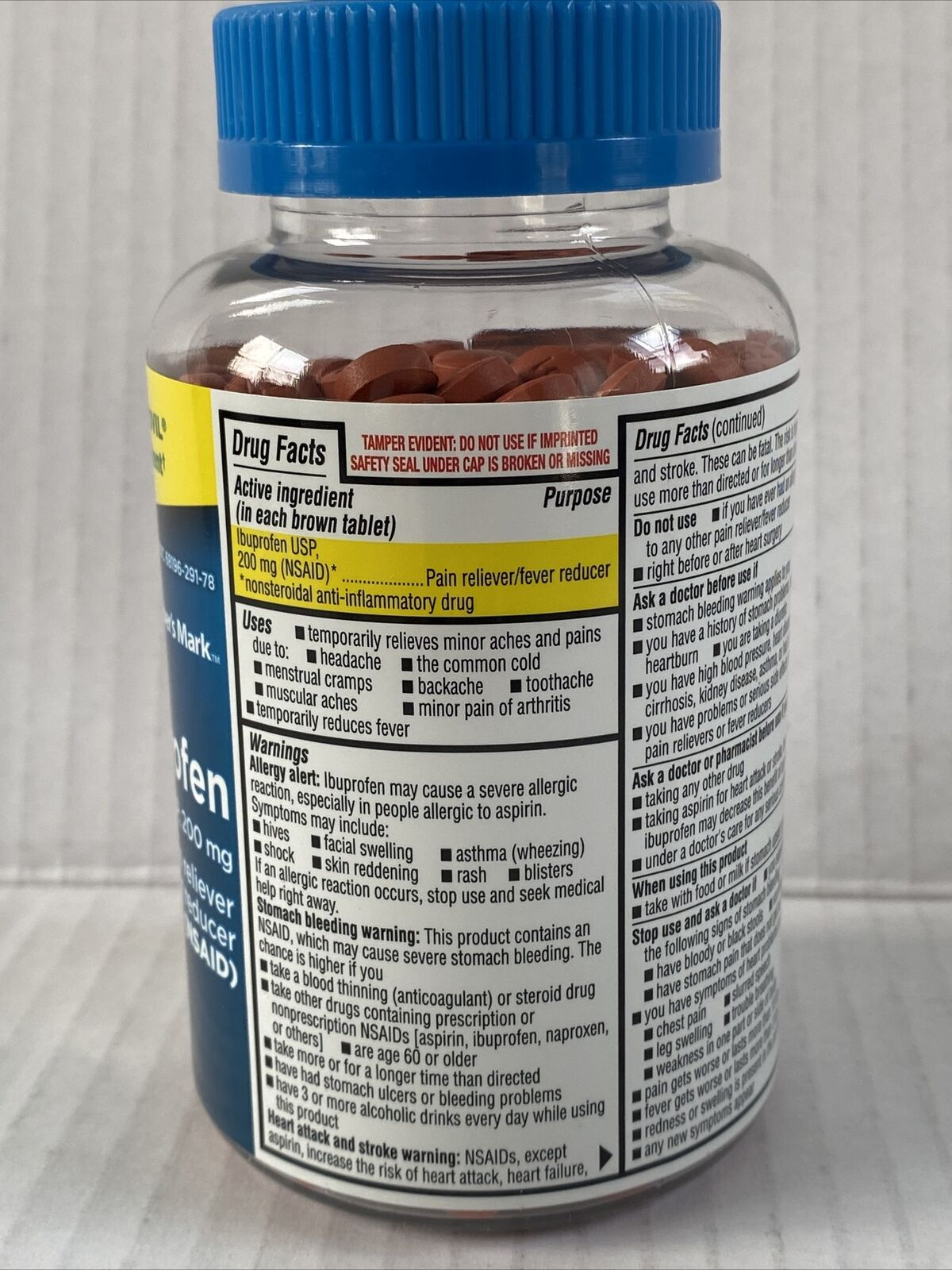 Ibuprofen 200 mg capsules for headache, muscle pain and inflammation relief - drug facts.