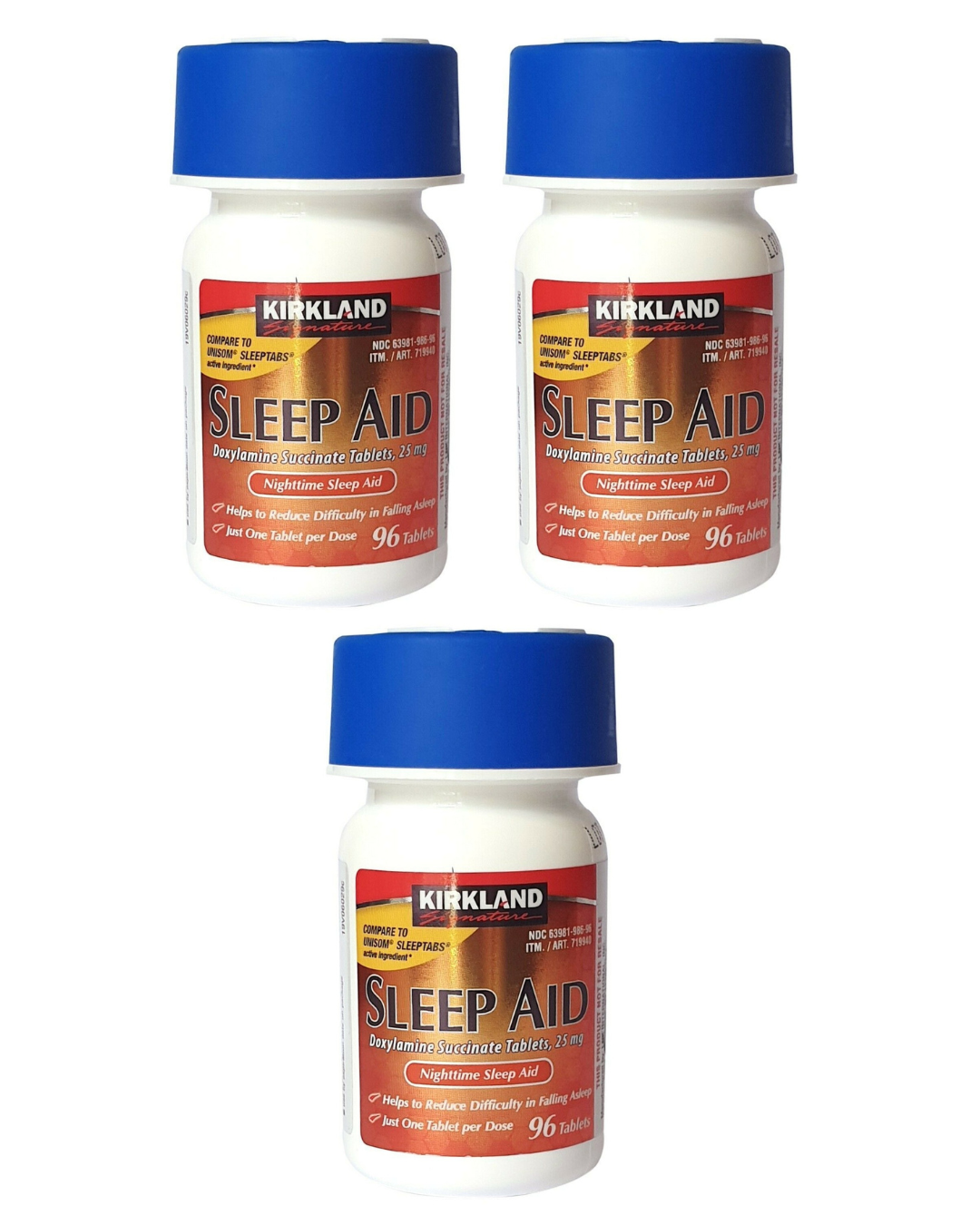 Buy OTC non-habit-forming sleep aid tablets to help with falling asleep. Kirkland Signature 96 tablets - 3 boxes.