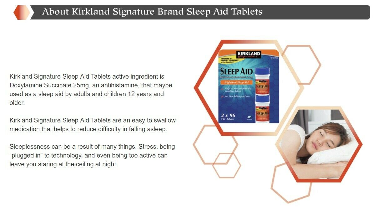 Buy Kirkland Signature Sleep Aid 96 tablets, Doxylamine succinate 25 mg sleep aid, OTC sleep aid tablets Australia.