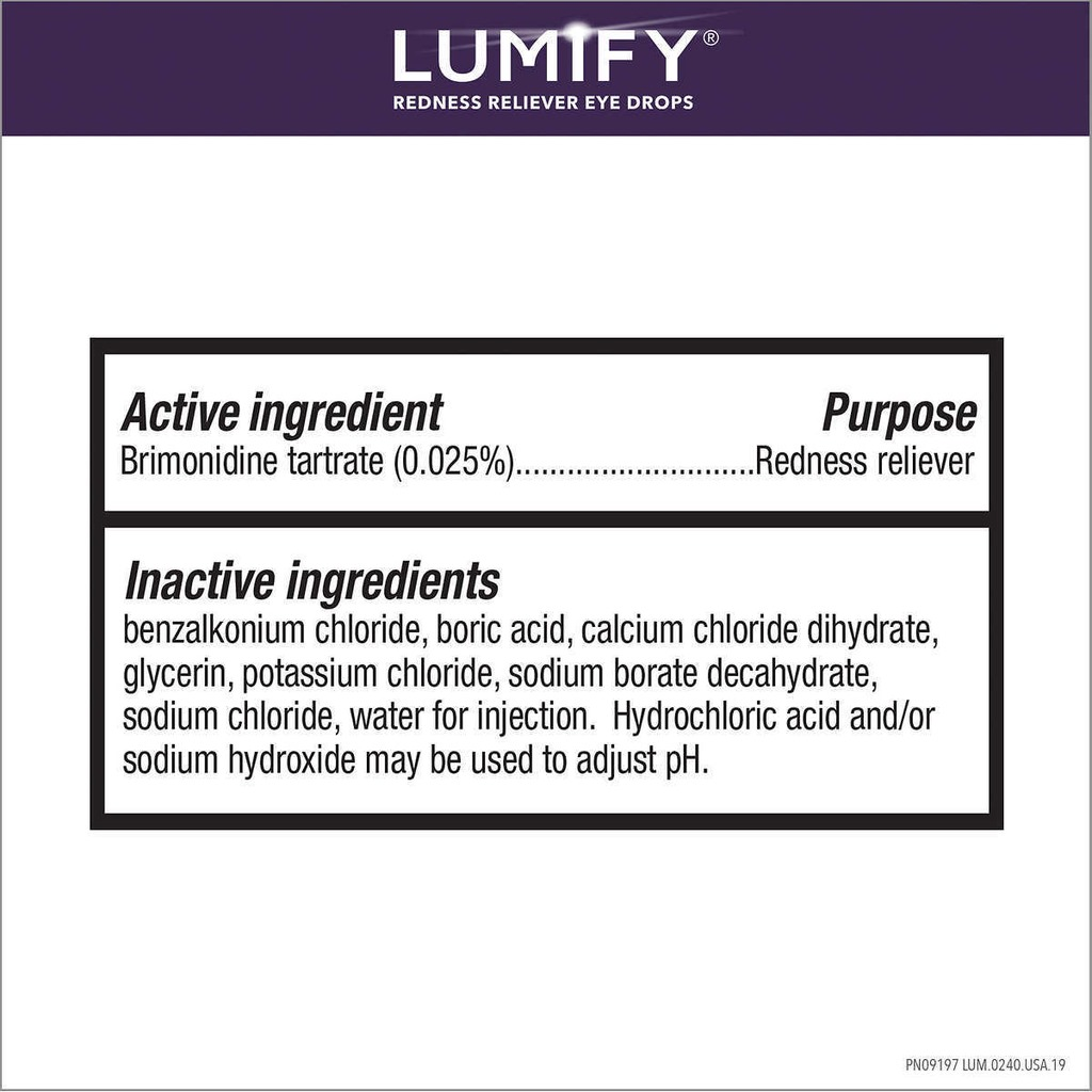 Ingredients: - Active: Brimonidine tartrate (0.025%) – Redness reliever. - Inactive: Benzalkonium chloride (0.01%)