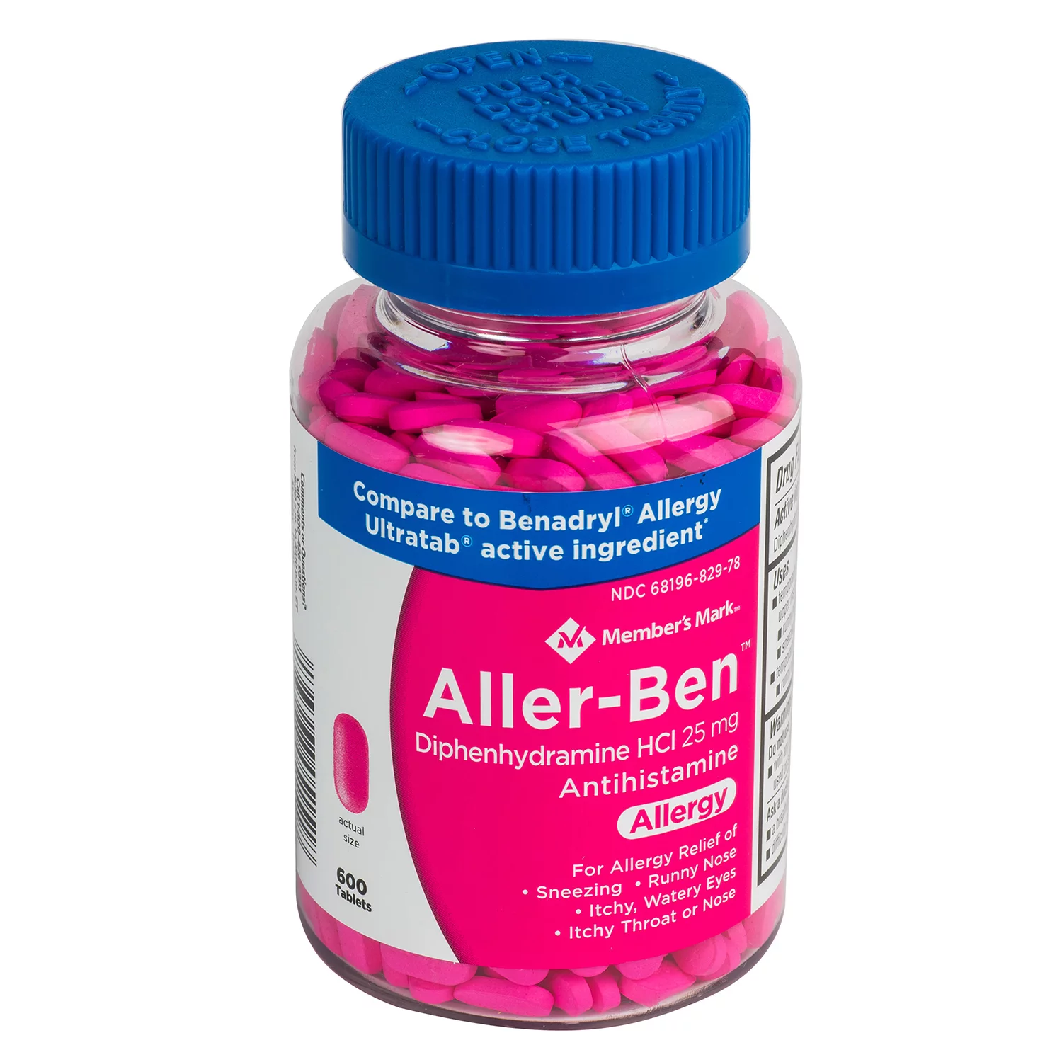 Member’s Mark allergy medicine 25 mg diphenhydramine HCl tablets; 600 count - bottle overall view