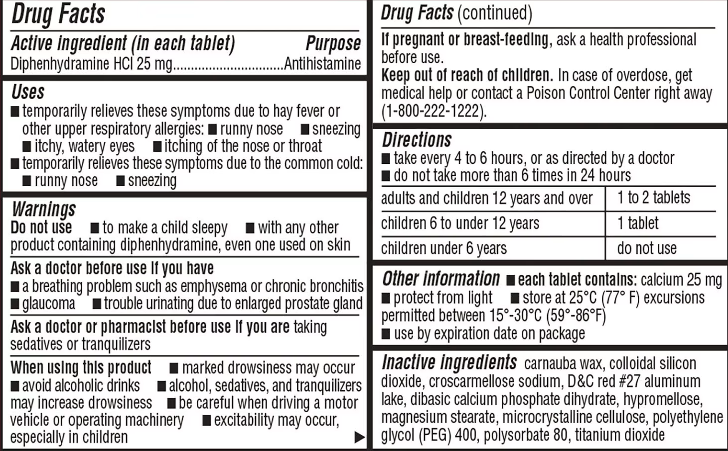Member’s Mark allergy medicine tablets (600 count) - drug facts