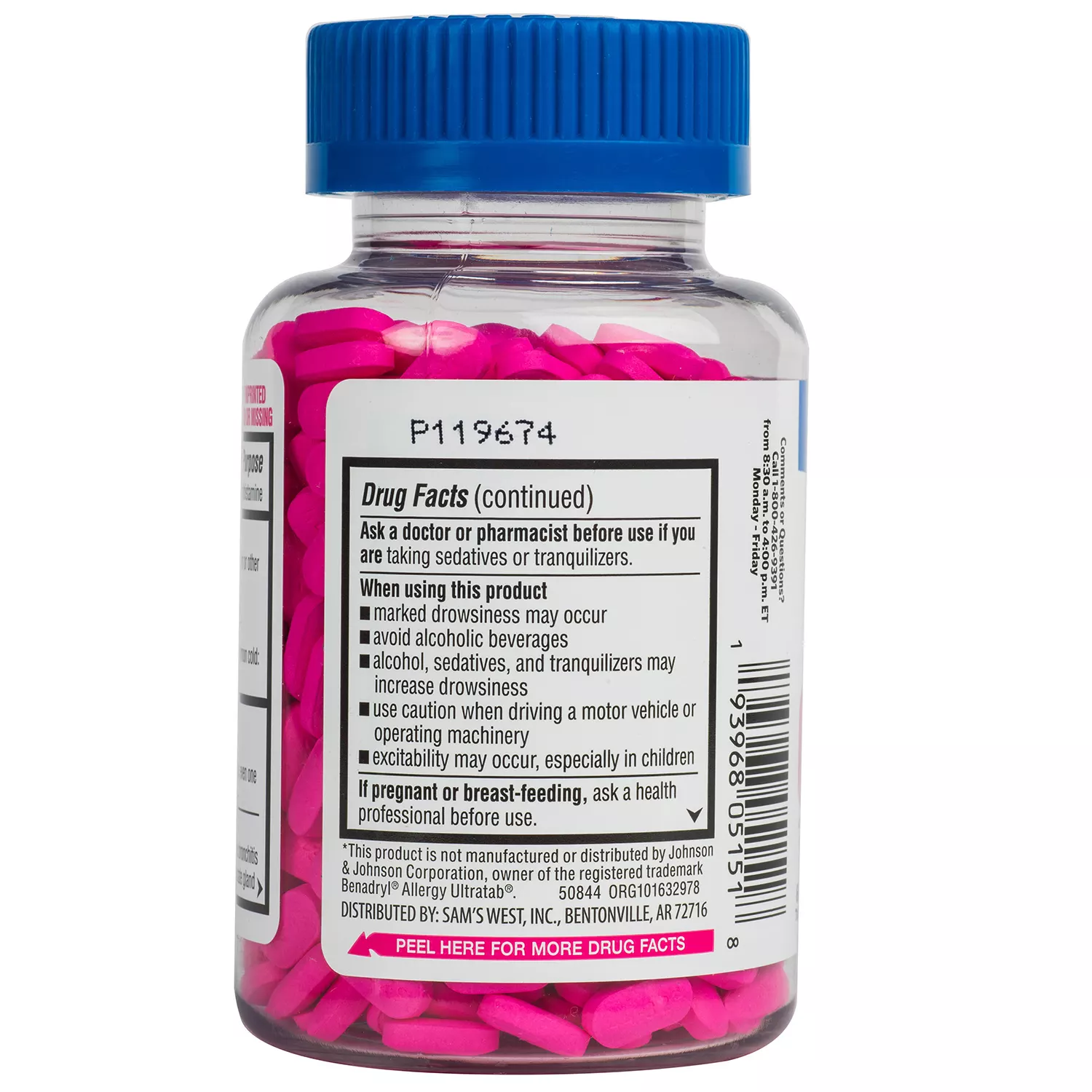 Member’s Mark allergy medicine tablets (600 count) - ingredients and dosage information - bottle back view