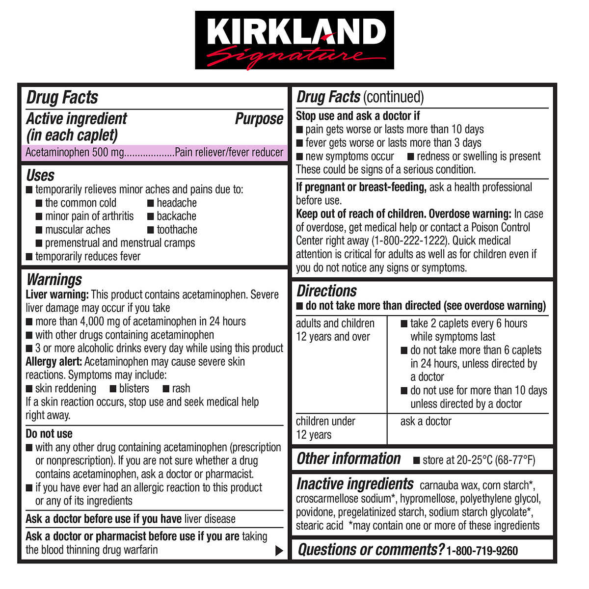 Extra Strength Paracetamol caplets equivalent to Panadol 600 count - drug facts.