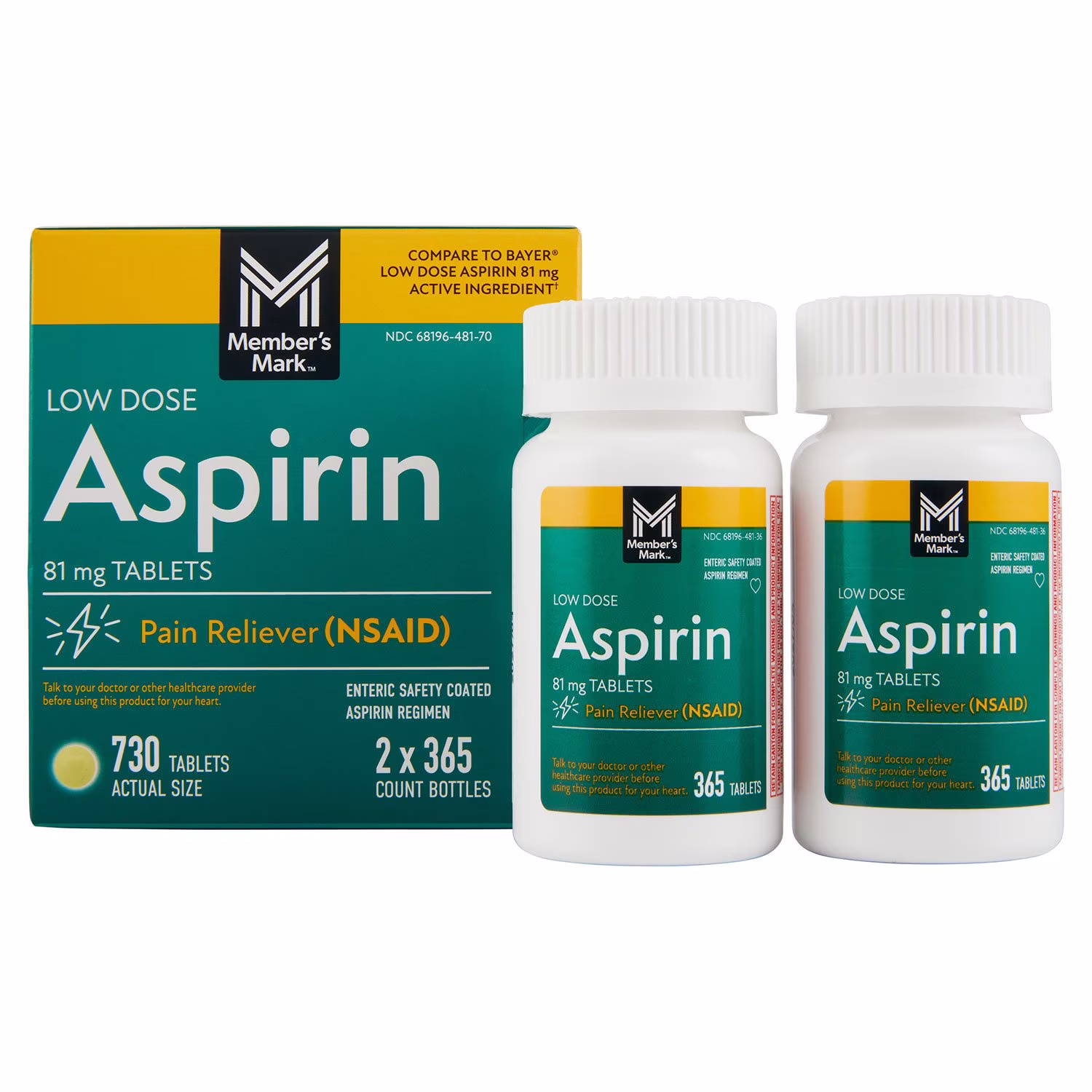 Buy Member’s Mark low dose aspirin 81mg - 365 tablets bottle view