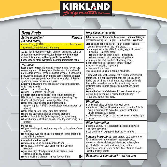 Low strength aspirin tablets for adults - ingredients and drug facts