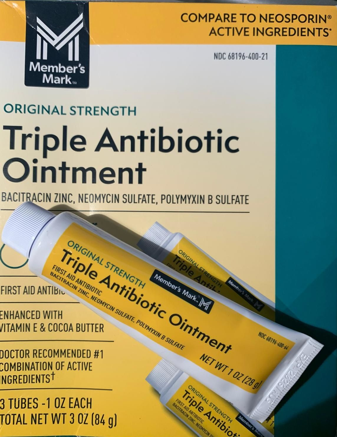 Member's Mark generic Neosporin, original strength - triple antibiotic ointment close-up