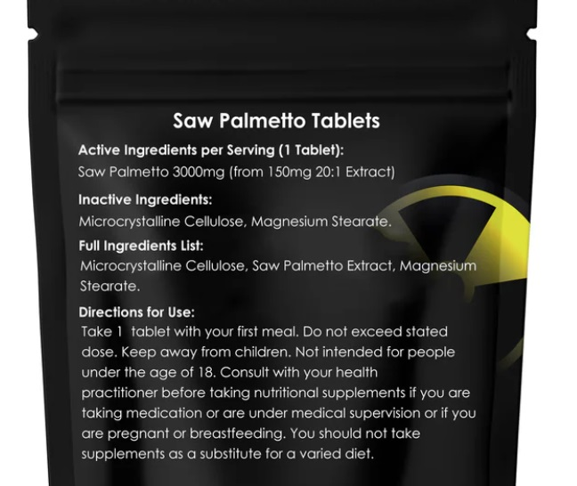 Buy Saw Palmetto tablets extract 3000 mg for men - close up and ingredients