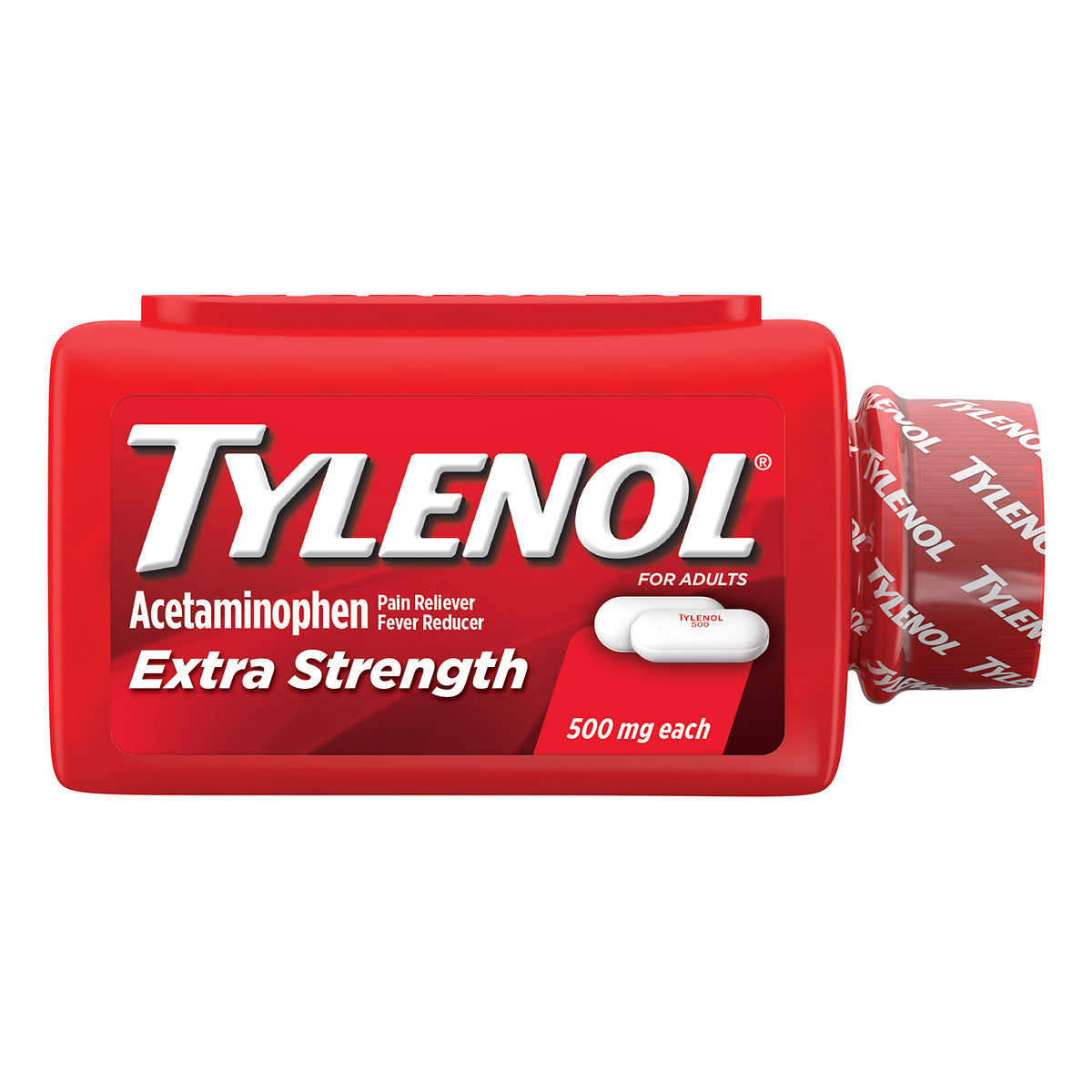 Tylenol Extra Strength 500mg acetaminophen – 325 caplets bottle - front view.