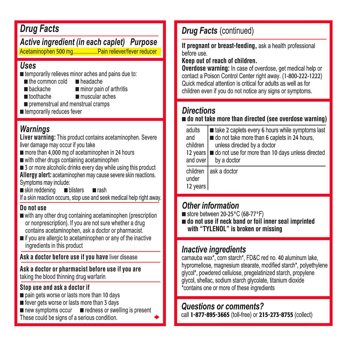 Tylenol Extra Strength 500mg acetaminophen - extra strength pain relief tablets. Drug facts.
