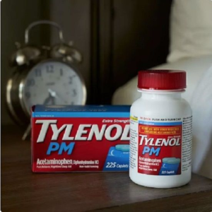 Tylenol PM Extra Strength 225 Caplets – Nighttime Pain Relief and Sleep Aid. Packaging and the bottle front view.