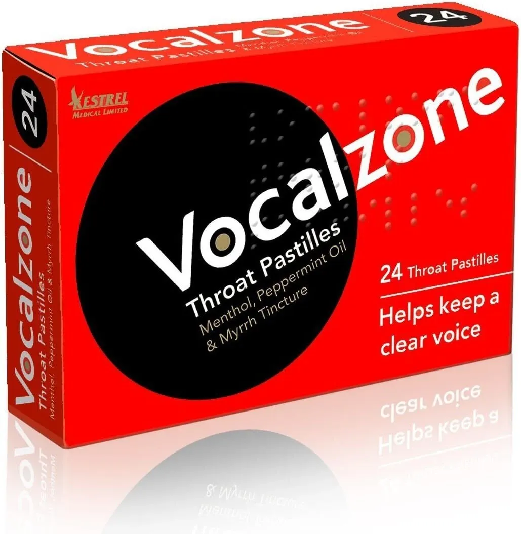 Vocalzone original throat pastilles packaging - Menthol, Peppermint Oil & Myrrh Tincture