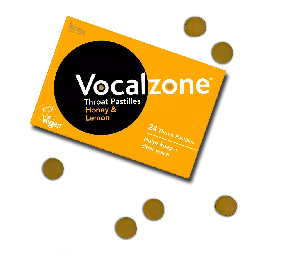 Vocalzone original throat pastilles packaging - Honey and Lemon