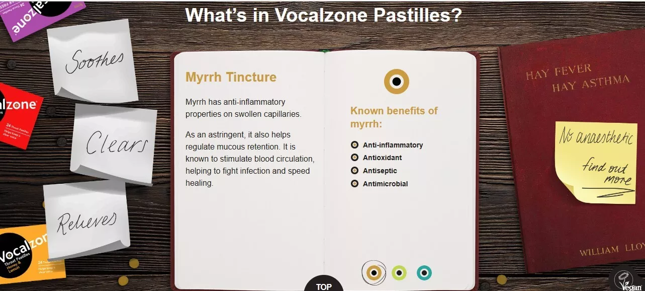 Vocalzone throat pastilles lozenges for voice support - what's in the pastilles?