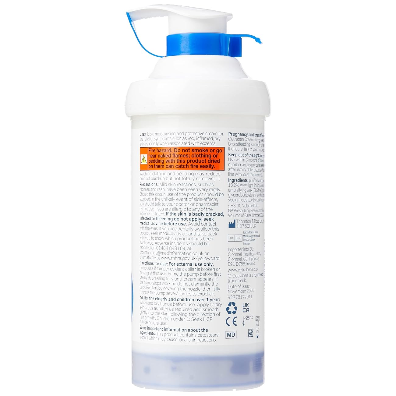 Cetraben Emollient Cream 500g bottle packaging information